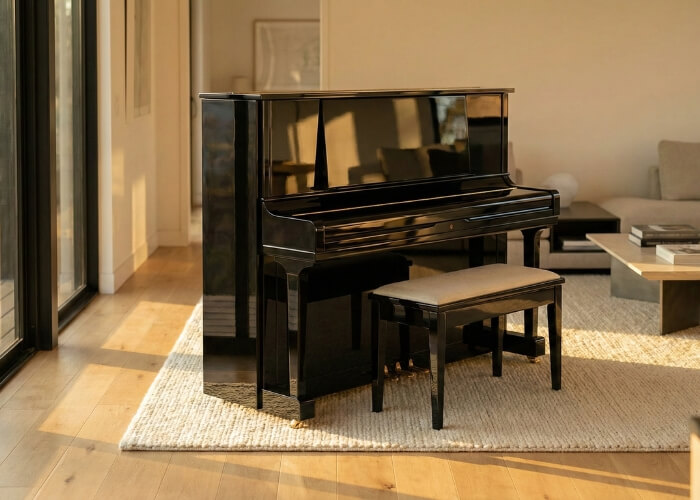 Elegant polished ebony upright piano design for contemporary home interiors.