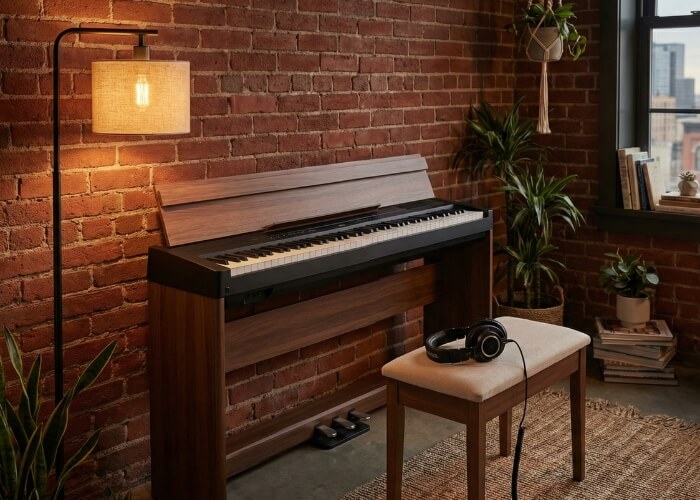 A compact electronic keyboard with headphones in an apartment, showcasing space and volume advantages.