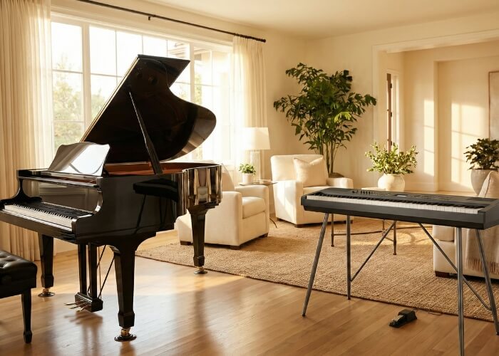 the differences between electronic and traditional acoustic instruments in a modern living space.