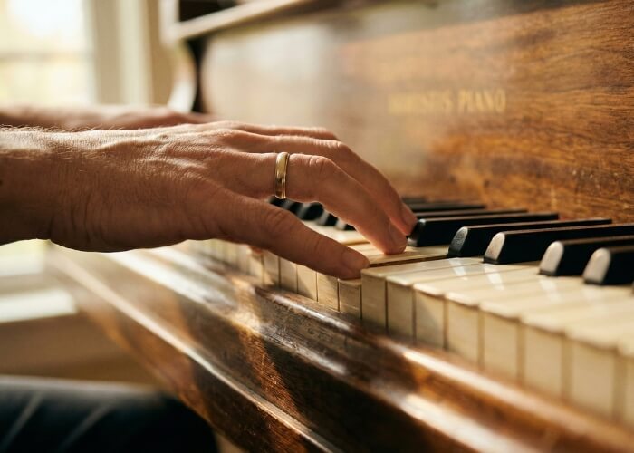 a pianist's hands playing real wooden keys to highlight the tactile touch response.