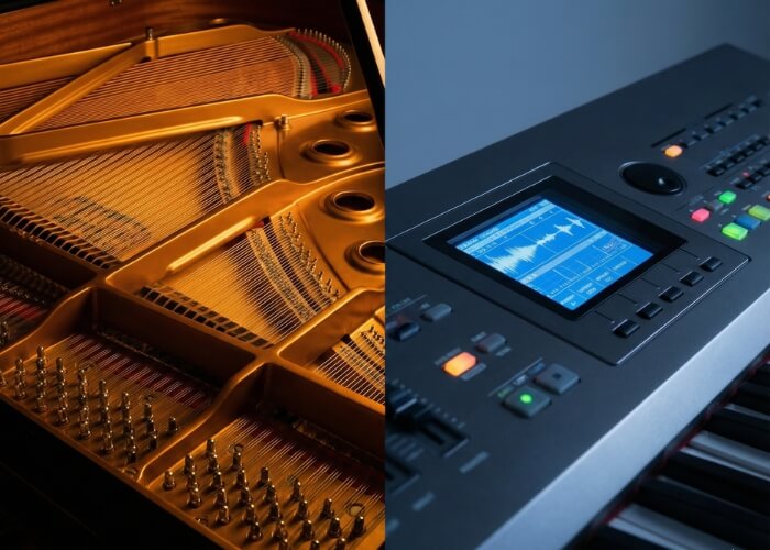 traditional wooden strings vs modern electronic interface.