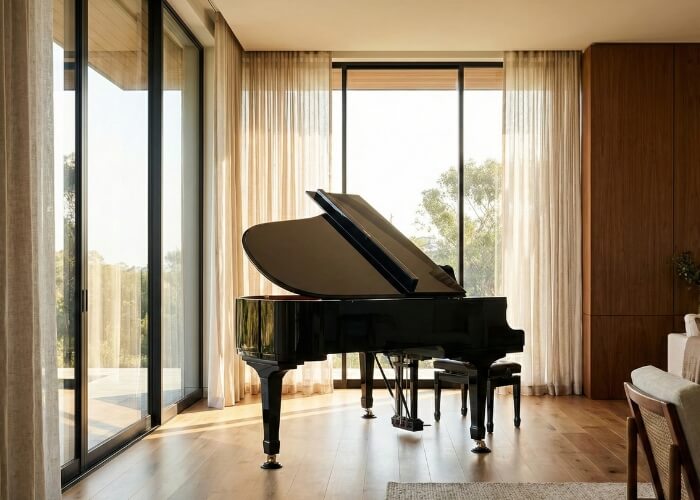 A beautifully cared for grand piano in a modern home interior, representing proper acoustic piano maintenance.