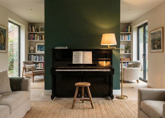 Black upright piano setup for daily practice in a cozy home environment.