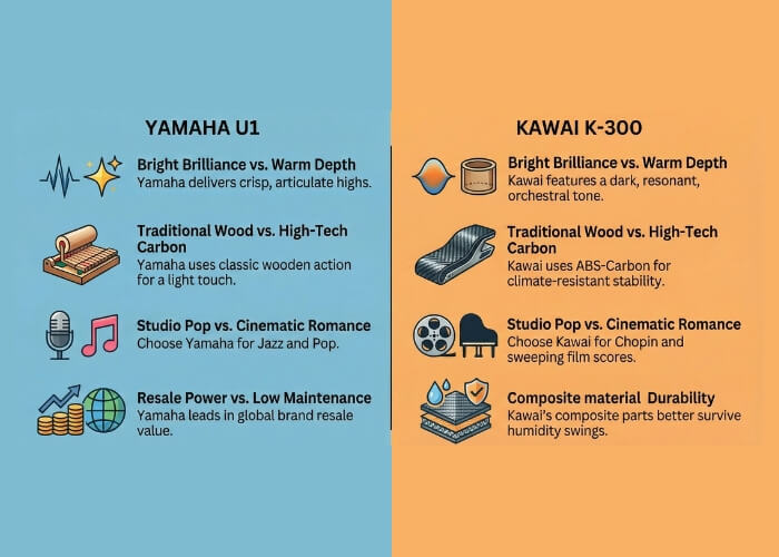 Yamaha U1 and Kawai K-300 upright pianos based on tone, action mechanism, and durability.