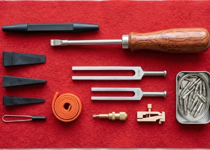 Professional tools used for routine acoustic piano care and maintenance.