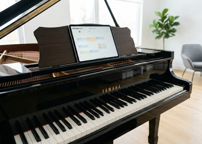 A calendar on a grand piano illustrating how often should you tune your piano for optimal sound.