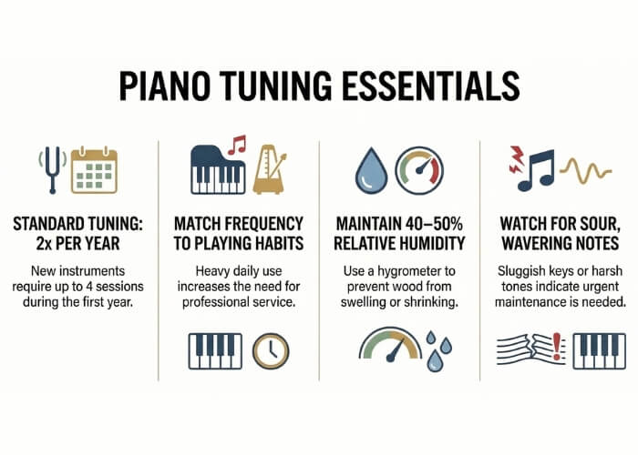 An infographic guide explaining how often should you tune your piano, highlighting standard maintenance frequencies, humidity tips, and warning signs.