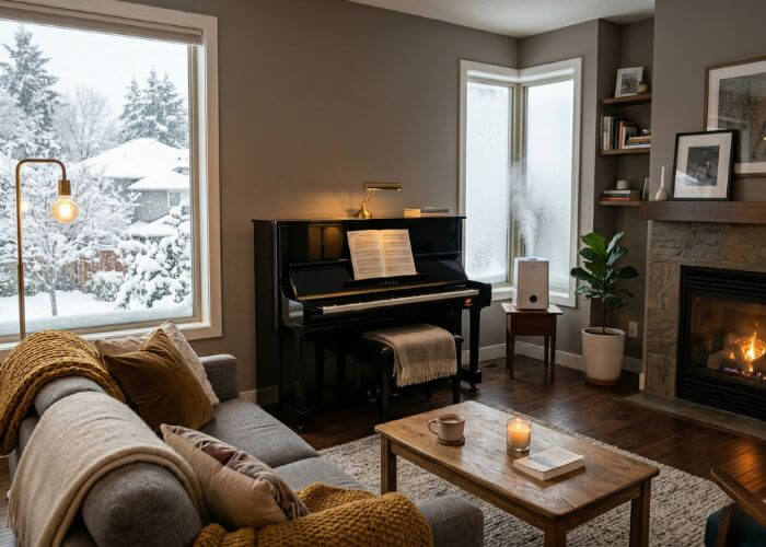 A cozy living room showing how to protect your acoustic piano from dry Canadian winters using a humidifier.