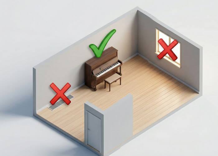safe piano room placement away from winter heating vents.
