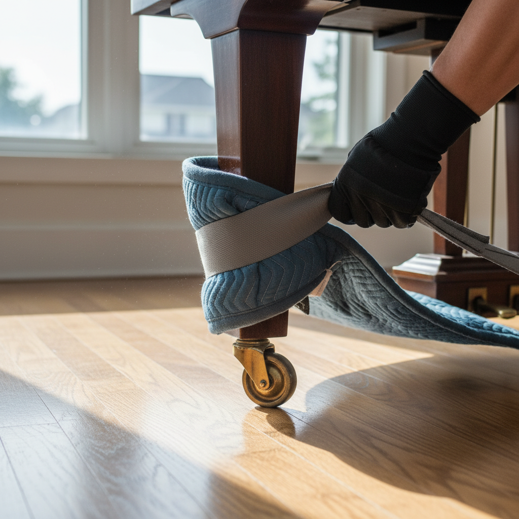 Close-up of piano leg and caster with padded lifting strap showing proper moving technique