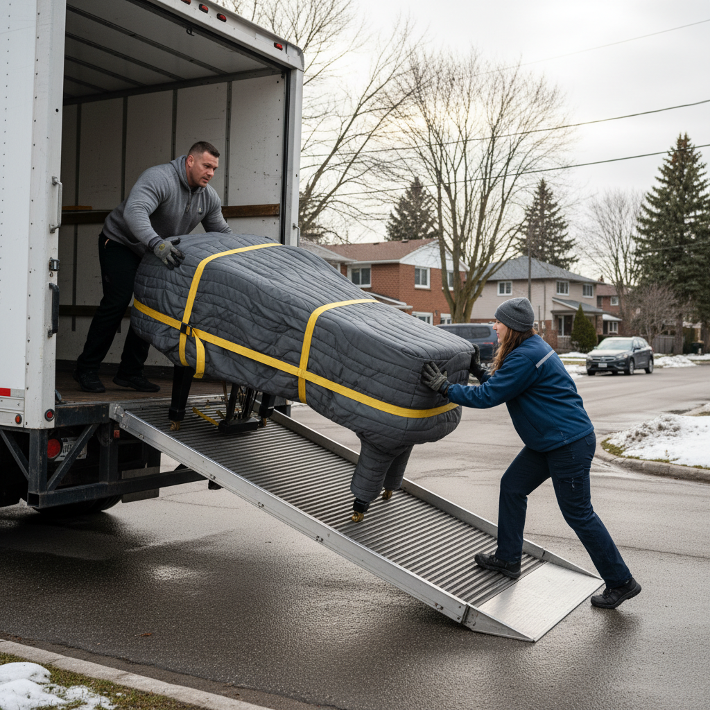 Piano wrapped in protective moving blankets being loaded onto a moving truck