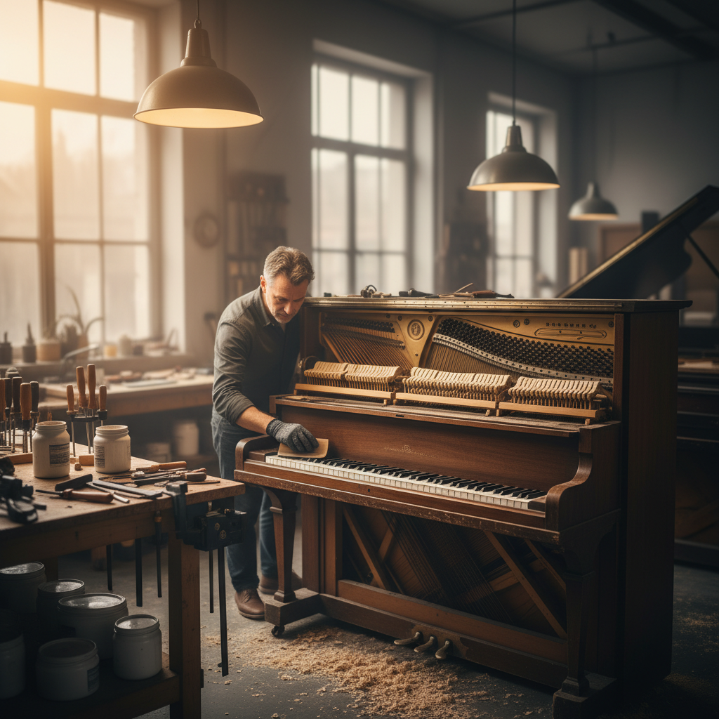 Piano craftsperson restoring a vintage upright piano cabinet in a professional workshop