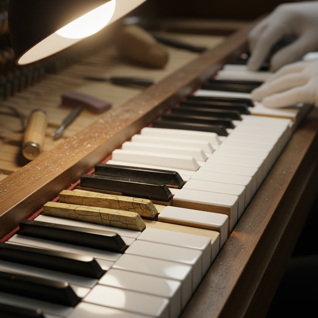 Piano keys before and after restoration showing contrast between yellowed and restored keytops