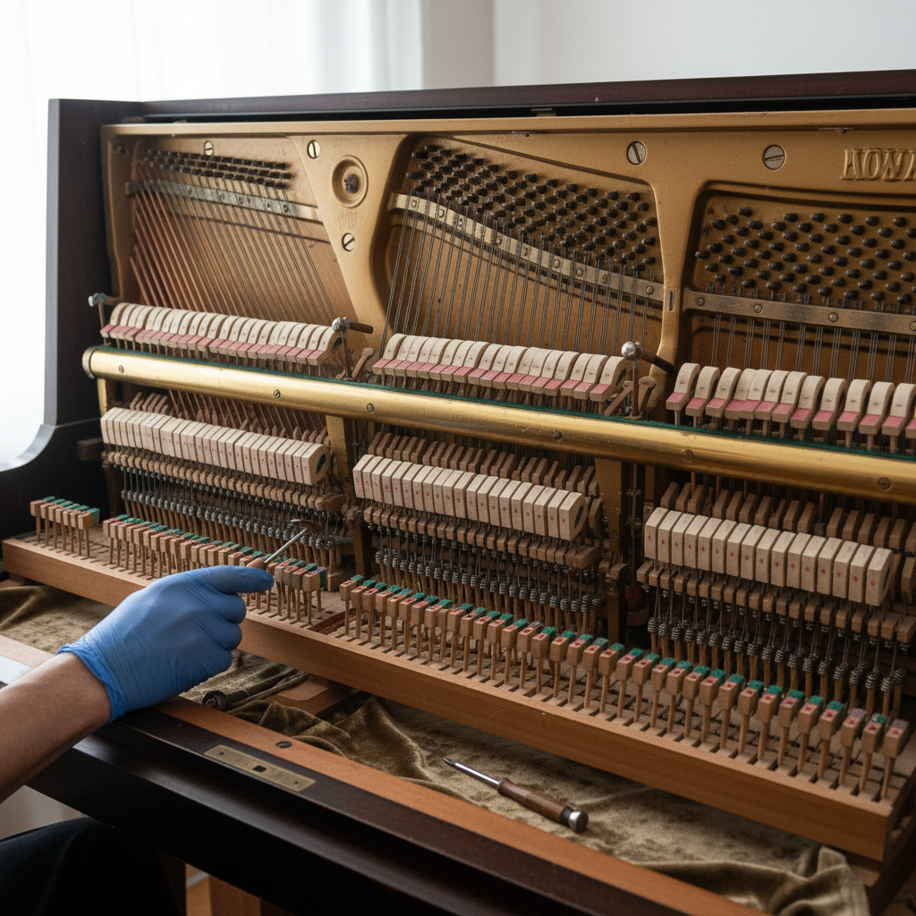 Interior of an upright piano showing action mechanism hammers and strings during restoration