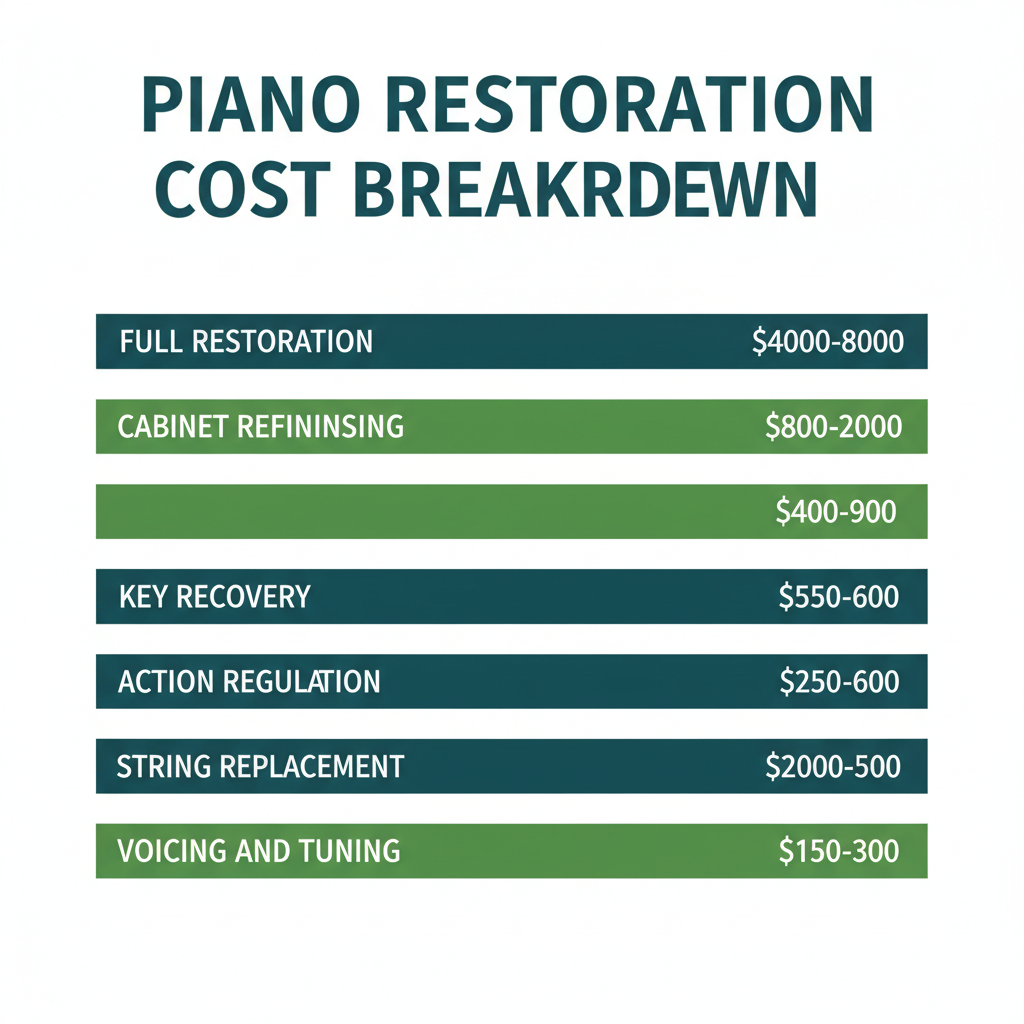 Infographic showing piano restoration cost breakdown from key recovery to full restoration