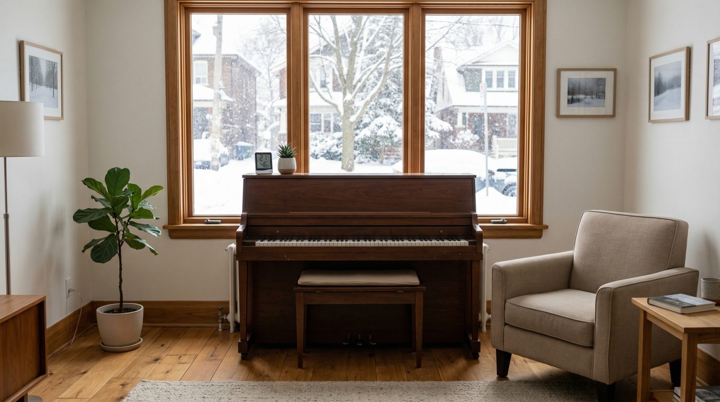 Upright acoustic piano in a Toronto living room in winter with snow outside and a small hygrometer on top
