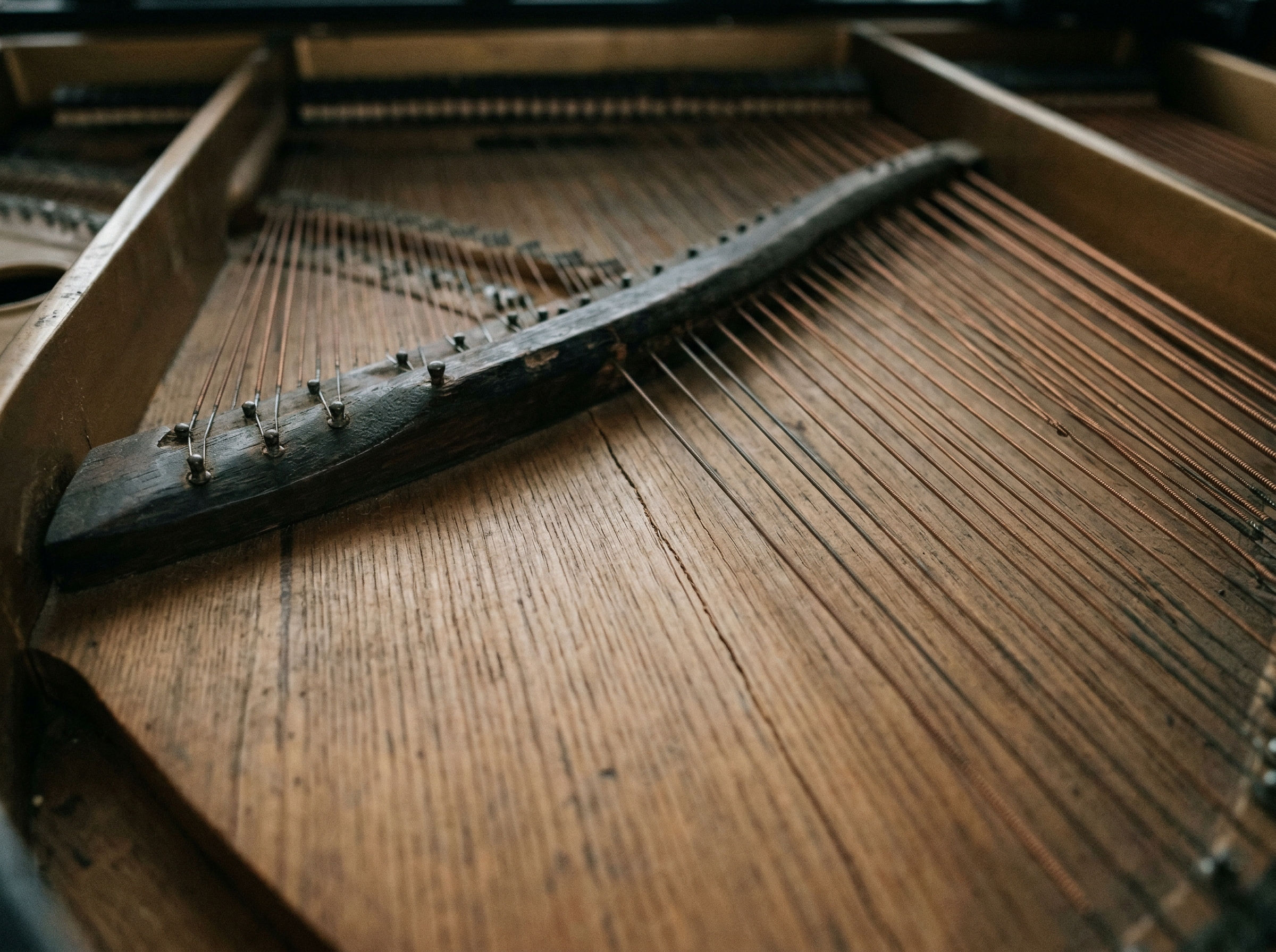 Underside of a grand piano soundboard showing spruce grain bridges and a faint hairline crack