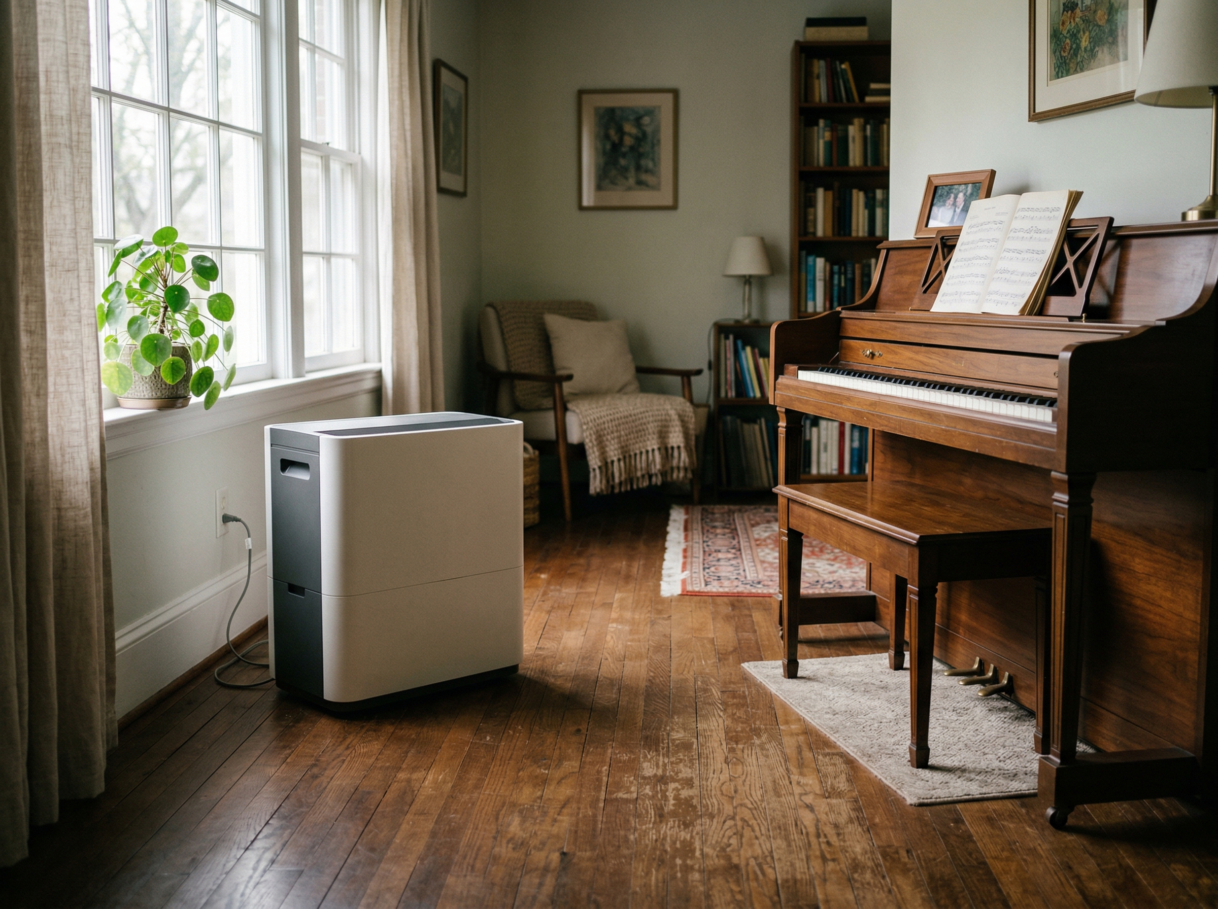 Console room humidifier on a wood floor across from an upright piano in a residential living room