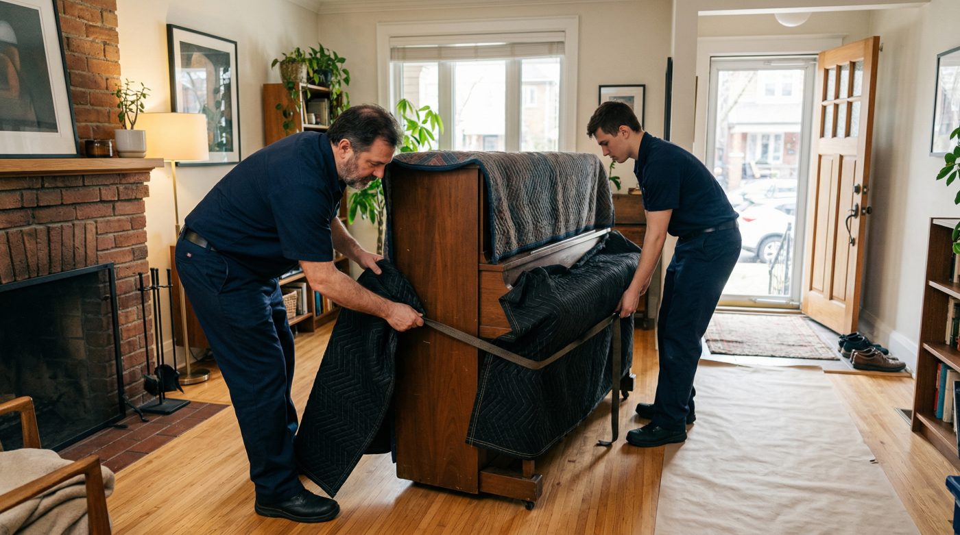 Two piano movers wrapping a tall upright acoustic piano in blankets in a Toronto living room with floor protection laid down