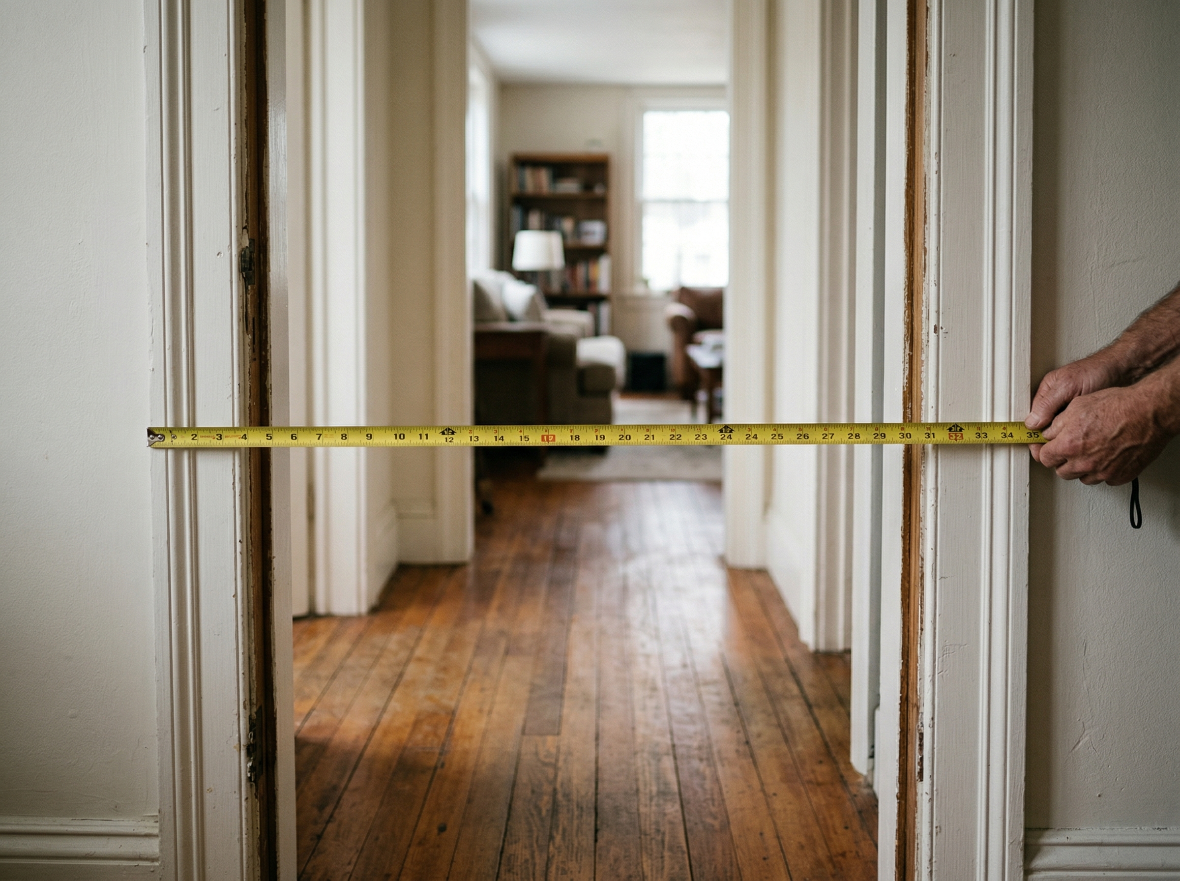 Measuring tape stretched across a residential doorway showing the width of the opening on a wood floor