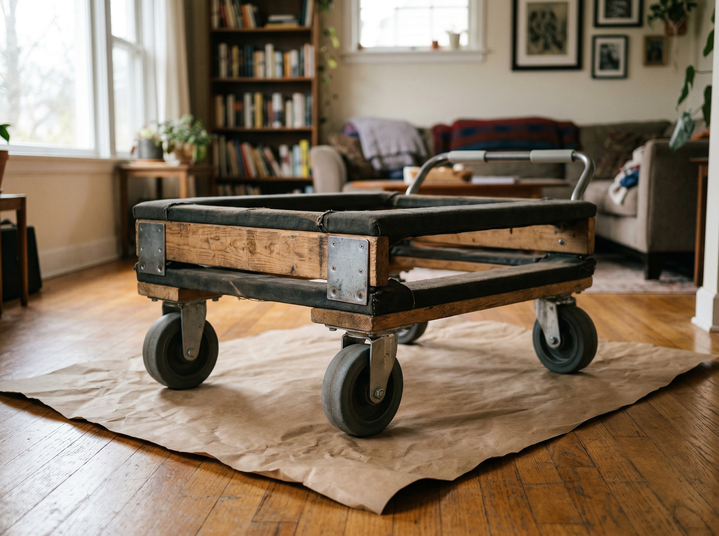 Heavy-duty four-caster piano dolly sitting on kraft paper on a hardwood floor ready for use