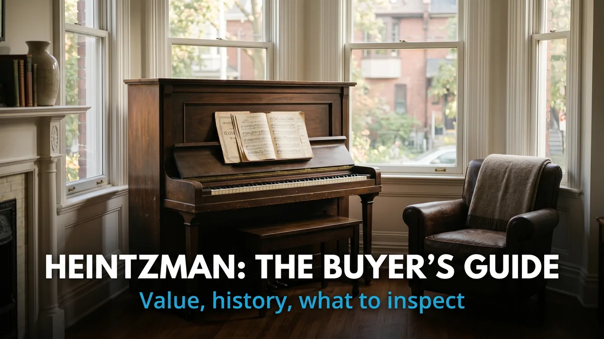 Vintage Canadian upright piano in a heritage Toronto living room with Heintzman buyer's guide headline