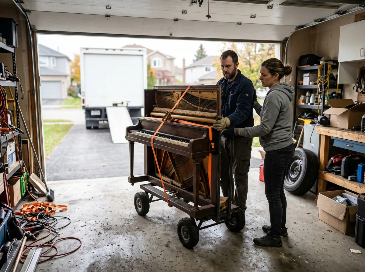 Two people moving an old upright piano onto a dolly in a Toronto driveway