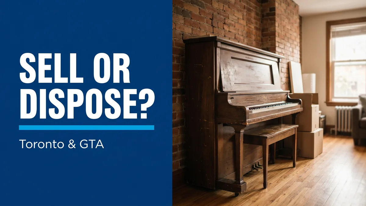 Old upright piano in a Toronto living room with moving boxes, visual guide to decide between selling or disposal