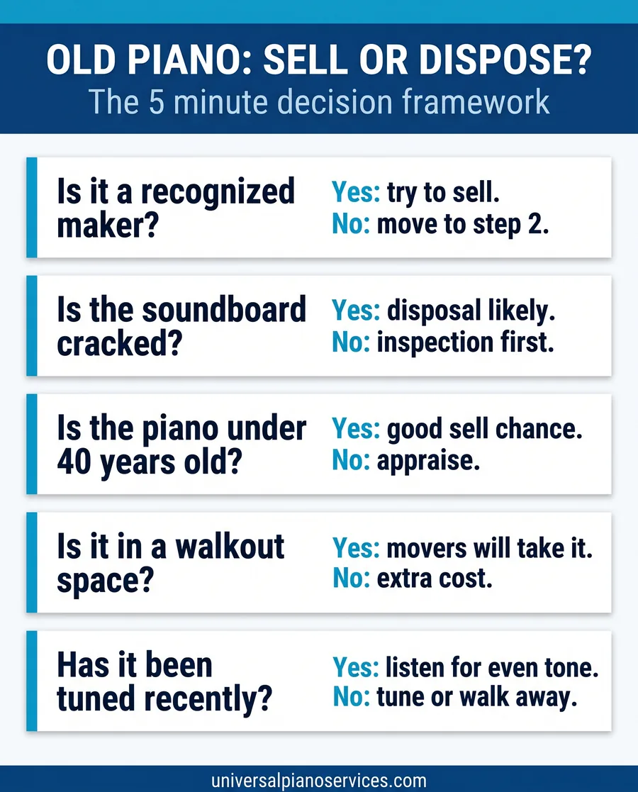 Old piano decision framework infographic with 5 cards on maker, soundboard, age, access, and tuning