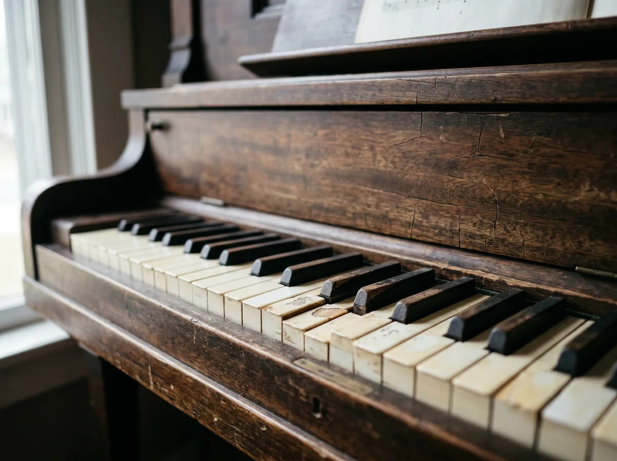Aged ivory keyboard of an old upright piano with yellowed keys and hairline cracks