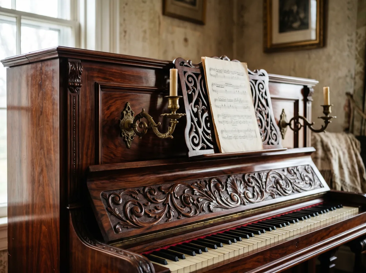 Ornate hand-carved cabinet and music desk detail of a vintage early 1900s upright piano