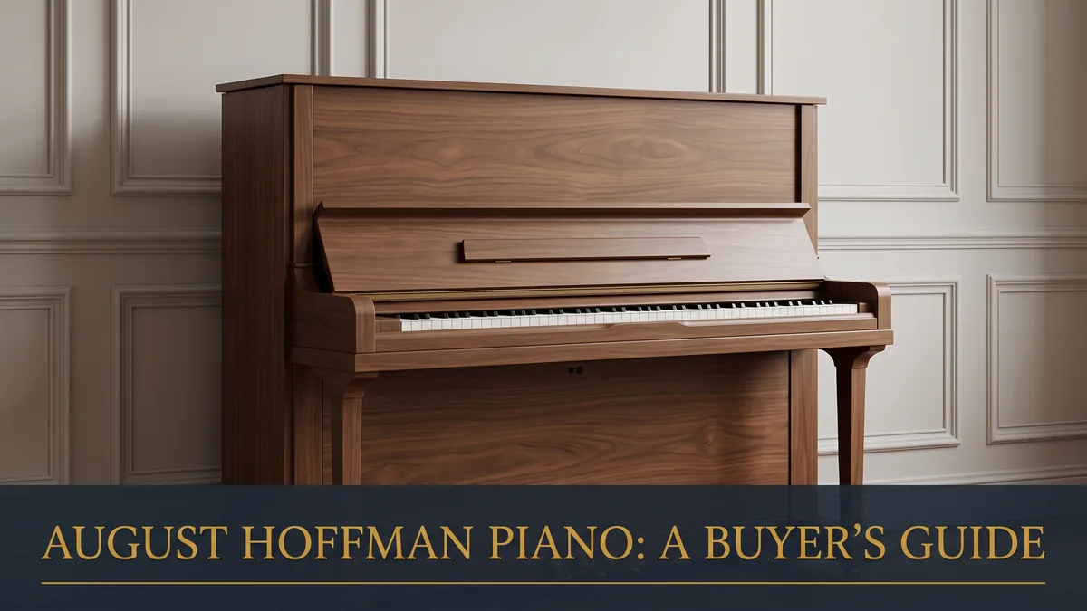 Warm walnut upright acoustic piano in refined light, illustrating an August Hoffman piano buyer's guide