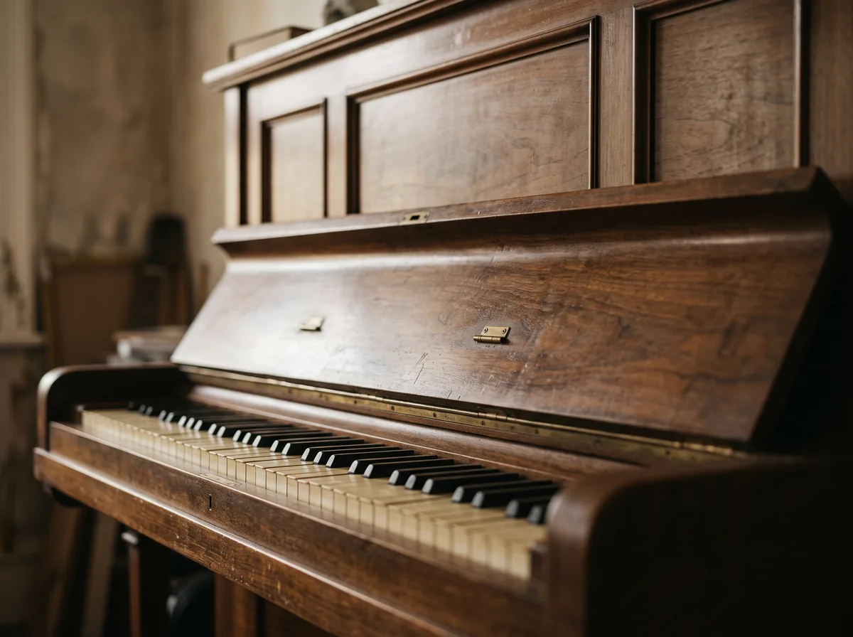 Close-up of an older walnut upright piano cabinet, the kind of detail to inspect on an August Hoffman piano