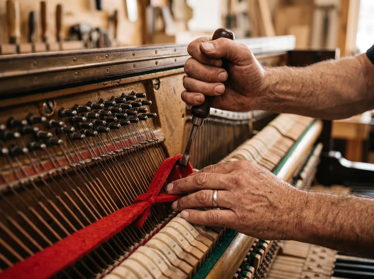 Hands tuning the pins of an upright piano, part of evaluating an August Hoffman piano properly