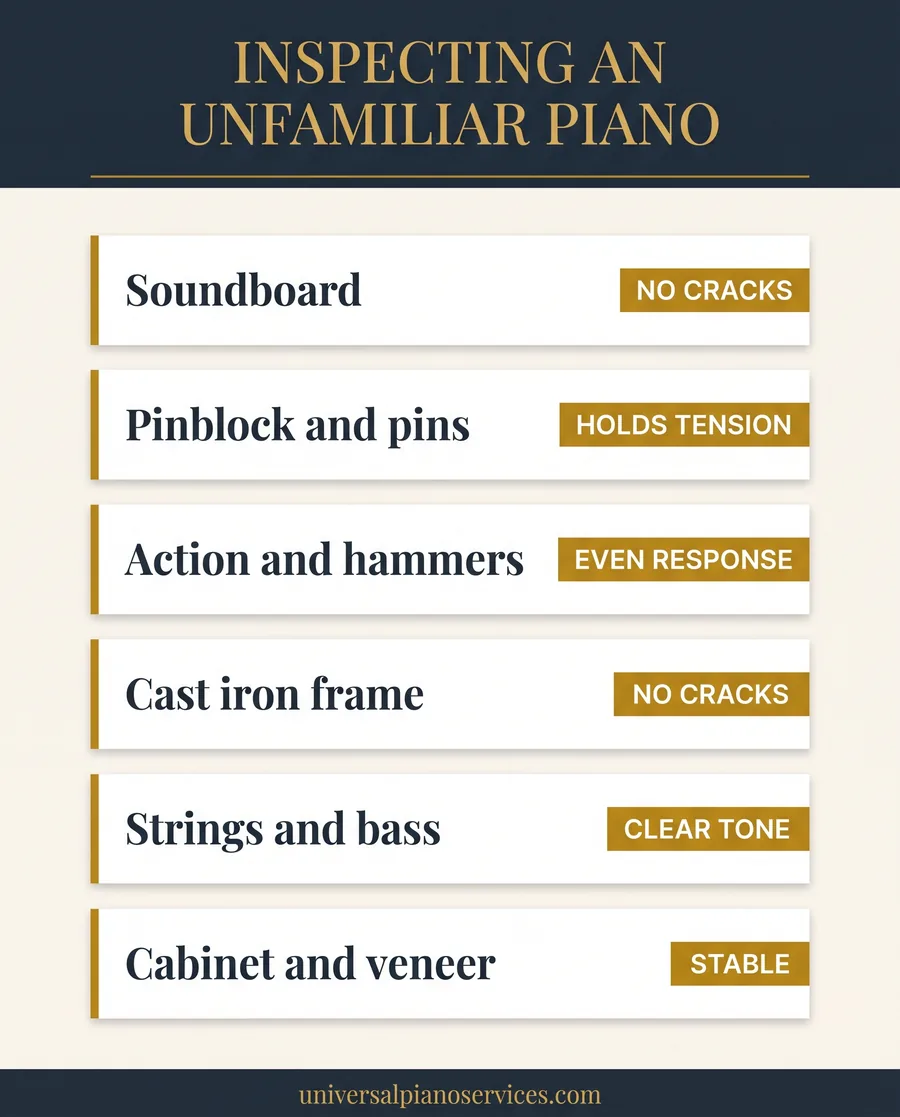 Inspection guide for an unfamiliar piano covering soundboard, pinblock, action, frame, strings, and cabinet