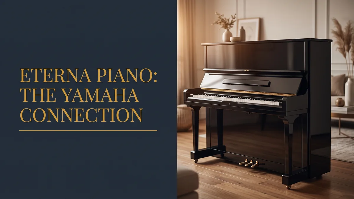 Polished black upright acoustic piano in a refined room, illustrating an Eterna piano guide