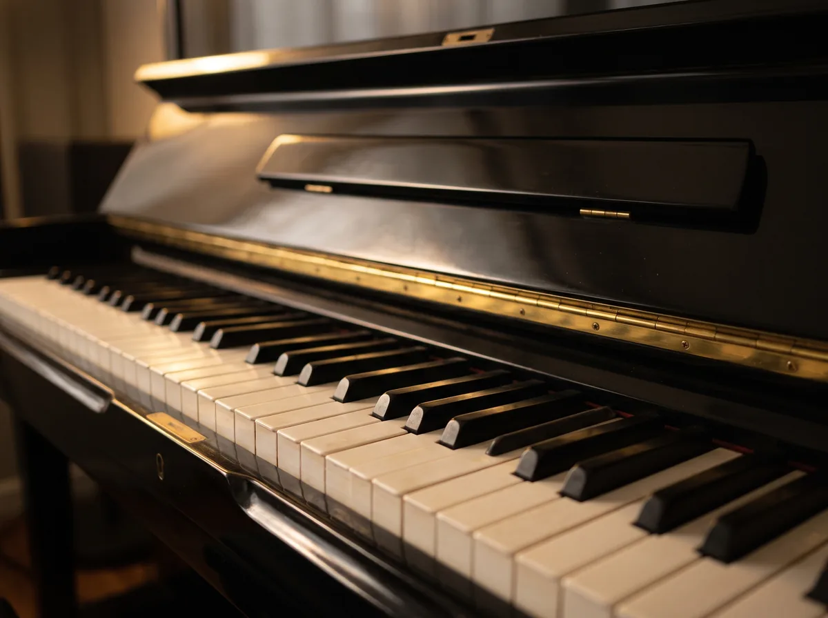 Close-up of the keys of a polished black acoustic piano, the type of build an Eterna piano shares with Yamaha