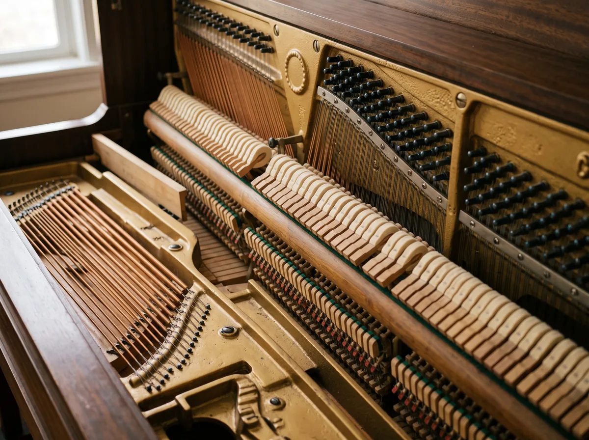 Interior of an upright piano showing hammers and strings, key checkpoints when evaluating an Eterna