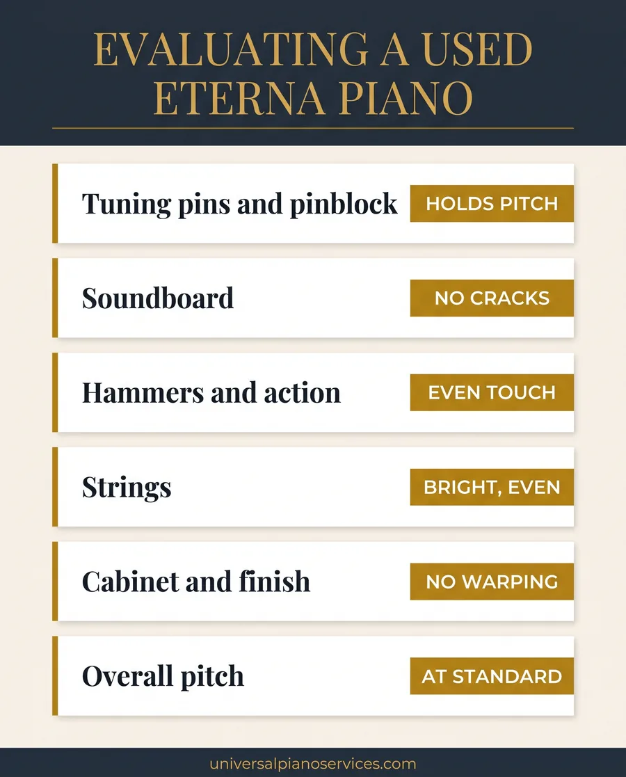 Checklist for evaluating a used Eterna piano covering pinblock, soundboard, action, strings, and pitch