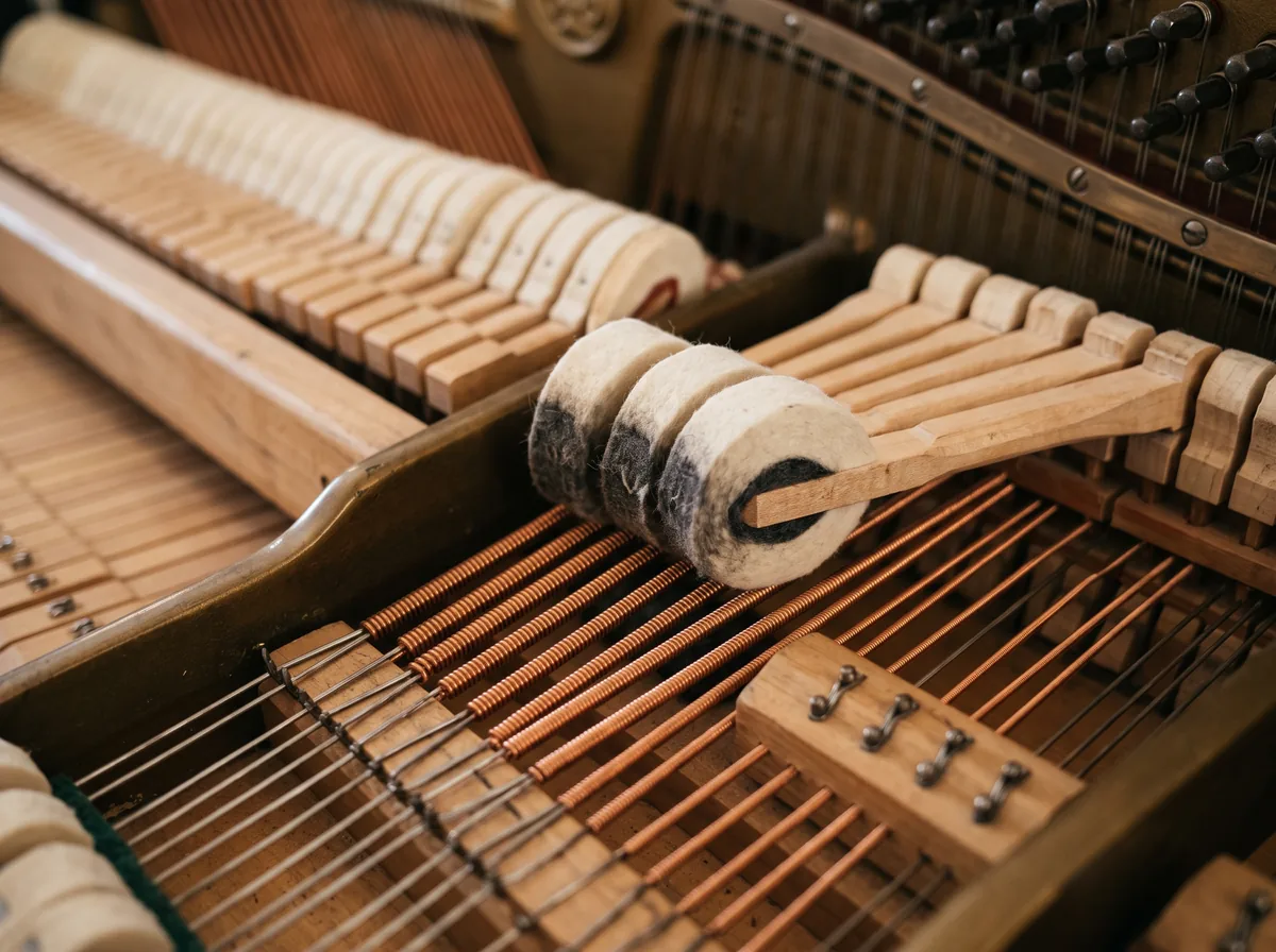 Close-up of piano hammers and strings inside an acoustic piano, key to judging Niemeyer pianos