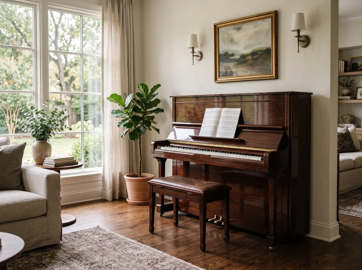 Upright acoustic piano in a refined living room, the setting many used Niemeyer pianos end up in