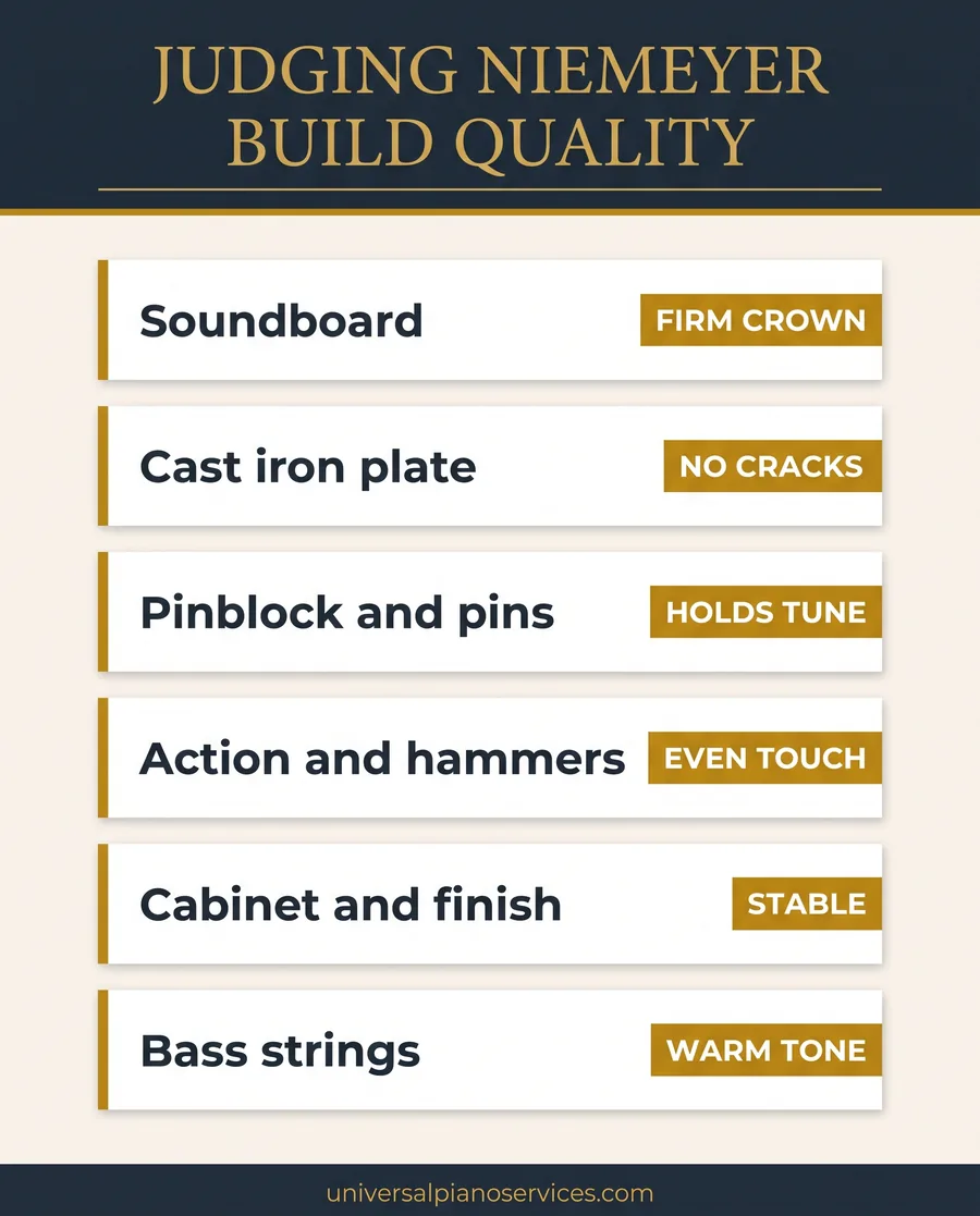 Build-quality assessment for Niemeyer pianos covering soundboard, frame, pinblock, action, cabinet, and strings